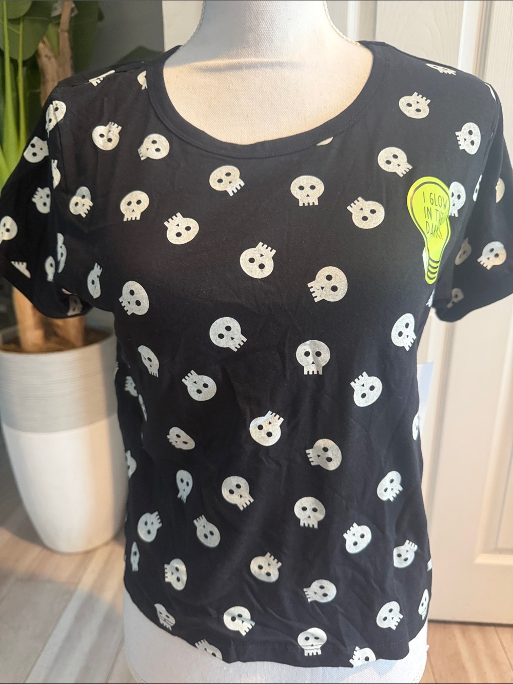 Black Short Sleeve Tee with Glow-In-The-Dark Skull Print